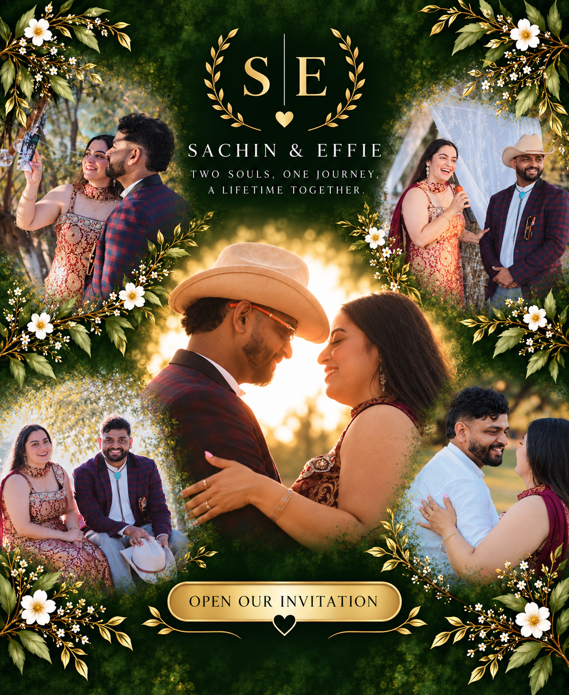 Sachin and Effie wedding cover, with Open Our Invitation button