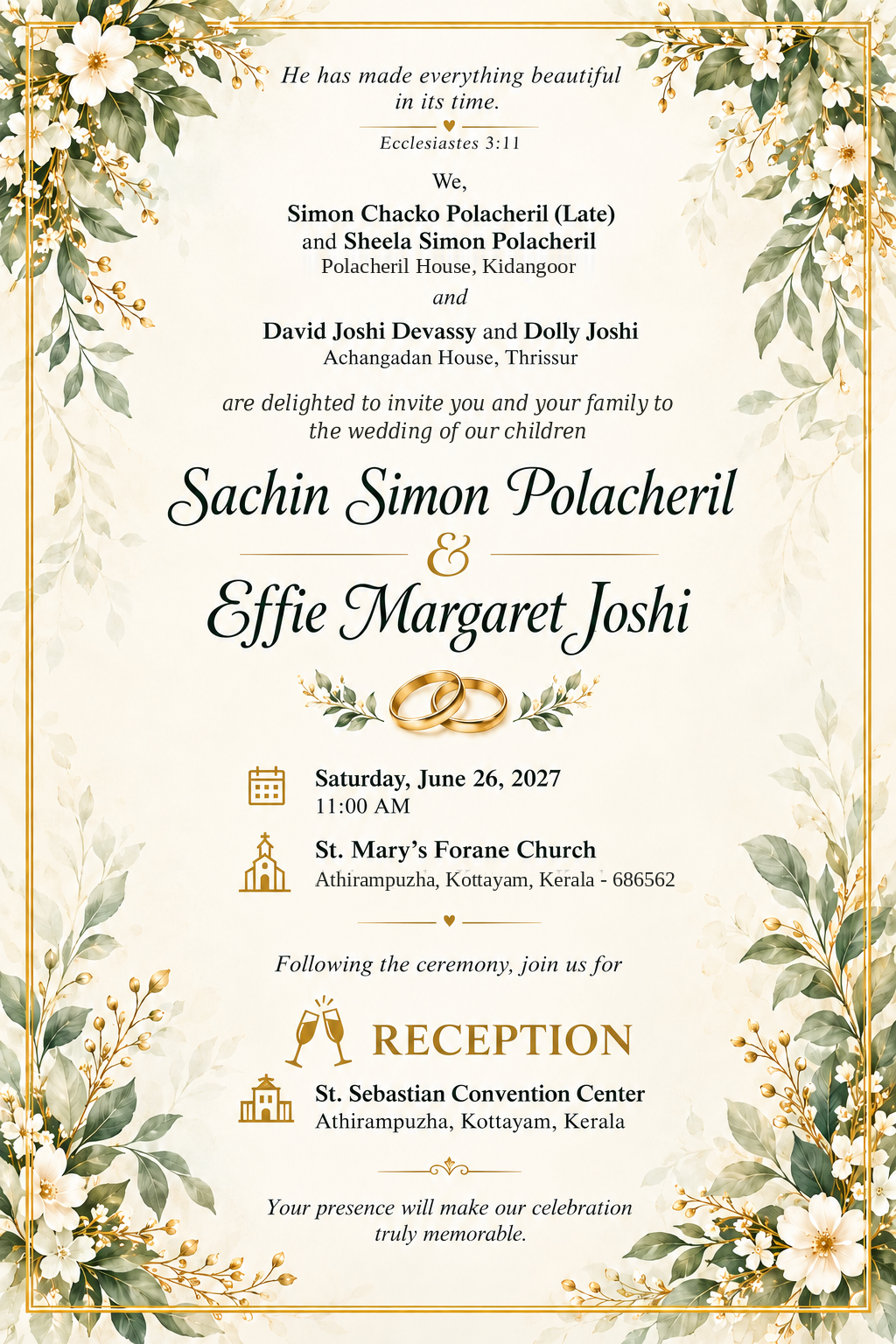 Sachin and Effie's approved wedding invitation with Ecclesiastes 3:11, St Mary's Forane Church and reception details